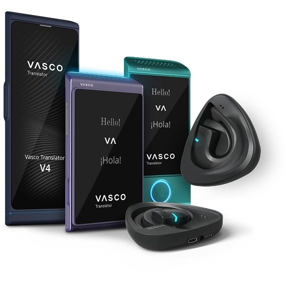 Vasco įrenginių vaizdas iš šono: Vasco Translators V4, Q1, M4 ir E1 rodomi vienas šalia kito.